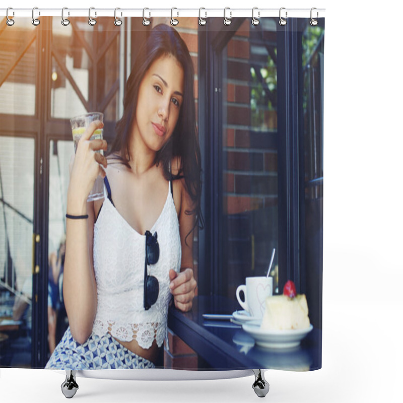 Personality  Young Woman Have Breakfast In Cozy Cafe Shower Curtains