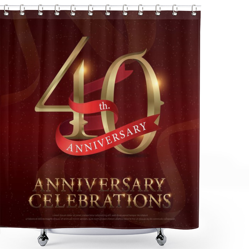 Personality  40th Years Anniversary Celebration Golden Logo With Red Ribbon On Red Background. Vector Illustrator.eps Shower Curtains