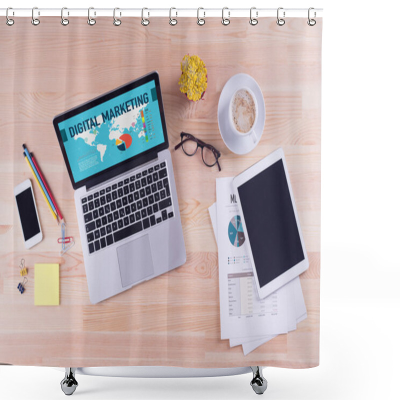 Personality  Laptop With Digital Marketing Text On Screen Shower Curtains