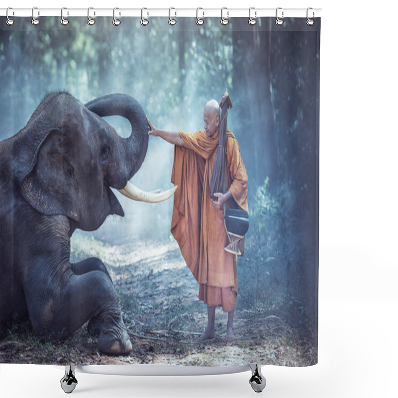 Personality  Thailand Buddhist Monks With Elephant Is Traditional Of Religion Buddhism On Faith Thai People Shower Curtains