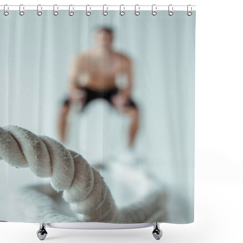 Personality  Selective Focus Of Man Exercising With Battle Rope On Grey Background Shower Curtains