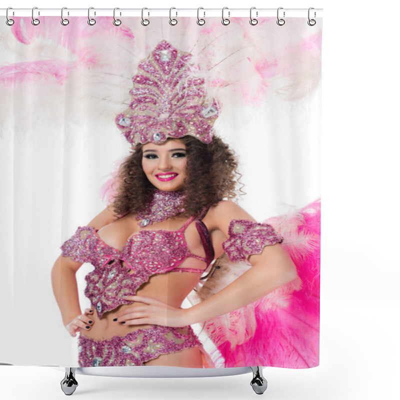 Personality  Cheerful Girl In Carnival Costume With Pink Feathers And Gems, Isolated On White Shower Curtains