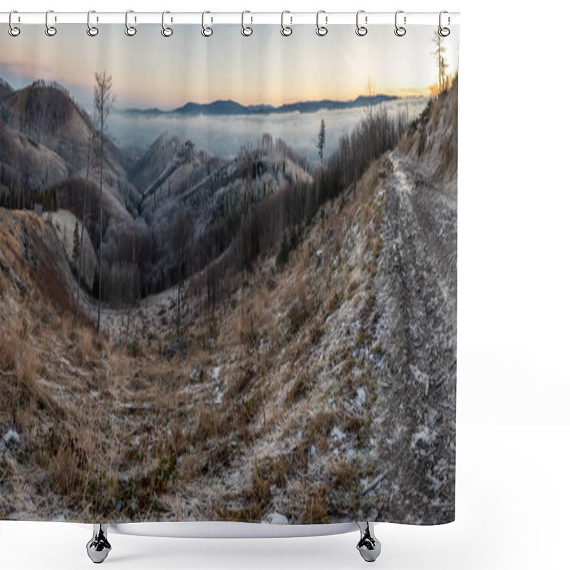 Personality  Panorama Of Mountain Peaks Above Inversion With Sunrise And Morning Frost In Beskydy Mountains In The Czech Republic Shower Curtains