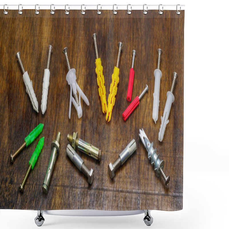 Personality  Wall Plugs, Also Known As Screw Anchors Or Dowels, In Different Colors And Sizes, On Wood Background Shower Curtains