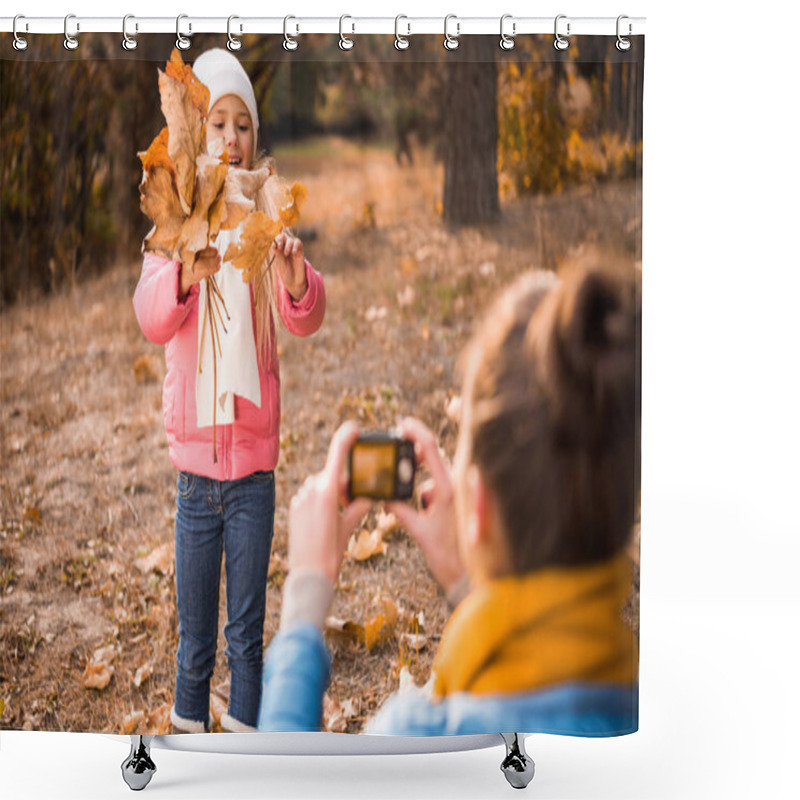 Personality  Mother Photographing Daughter In Autumn Park Shower Curtains