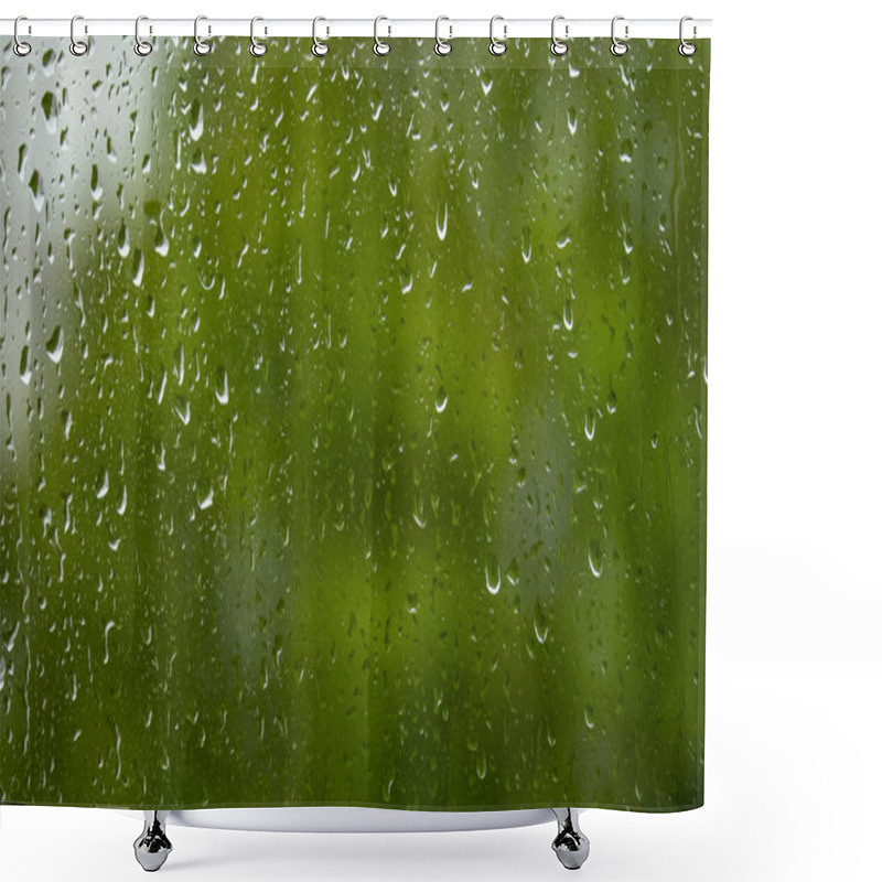 Personality  Raindrops On A Glass Window Against A Background Of Green Foliage, Backgrounds, Textures Shower Curtains