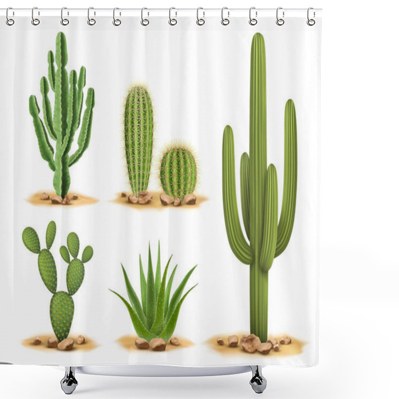 Personality  Cactus Plants Set Of Desert Among Sand And Rocks. Realistic Vector Illustration Isolated On White Background Shower Curtains