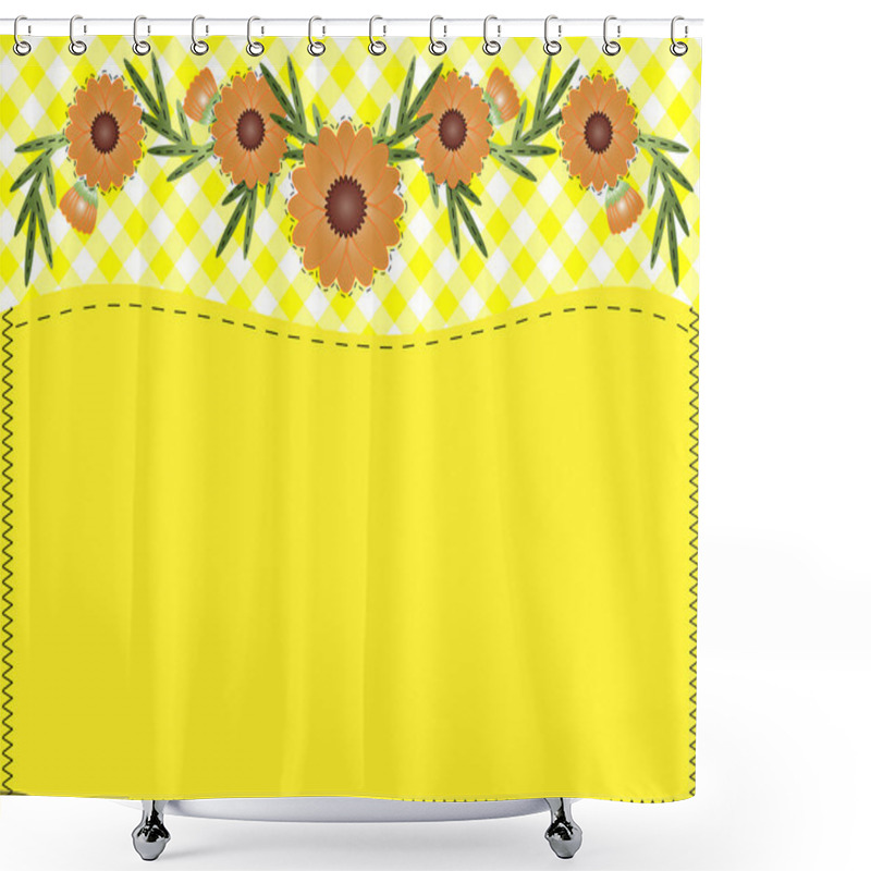 Personality  Eps10.  Orange Zinnia On Yellow Gingham With Copy Space And Quilting Stitches. Shower Curtains