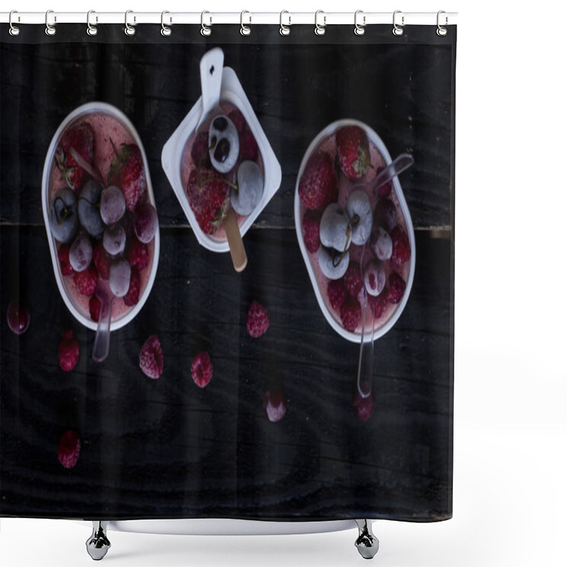 Personality  Homemade Fresh Yogurt. Healthy Sweet Dessert On Dark Rustic Wood. Frozen Fruits Shower Curtains