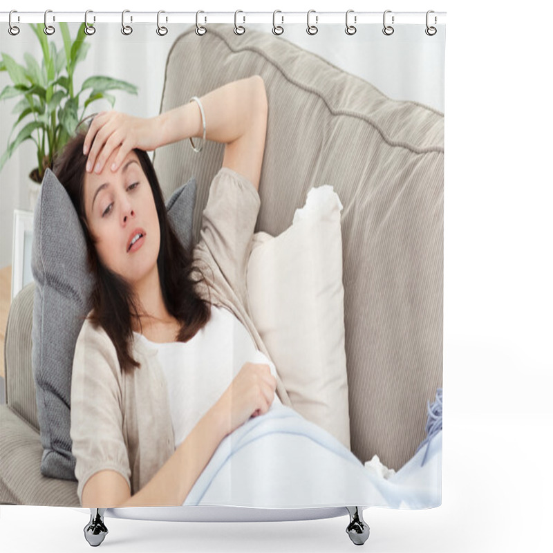 Personality  Indisposed Woman Feeling Her Temperature While Resting On The So Shower Curtains