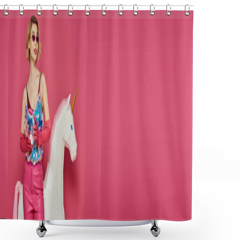 Personality  A Woman In Pink Clothing Stands Beside A White Unicorn On A Pink Background. Shower Curtains