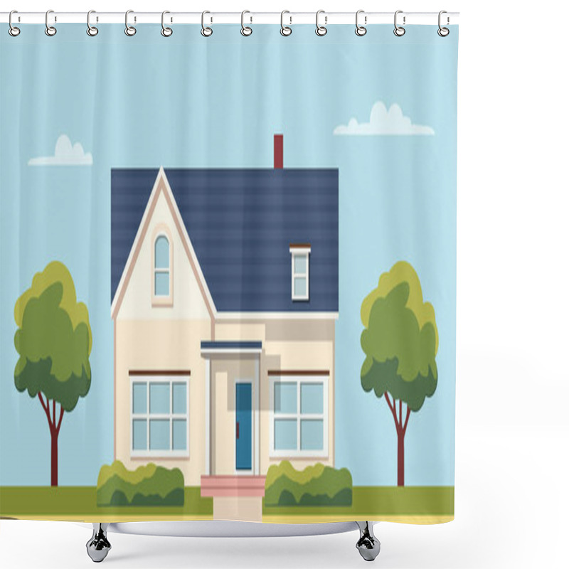 Personality  Exterior Of The Residential House, Front View. Modern House On A Street In Summer In Flat Style. House For Sale. Vector Stock Shower Curtains