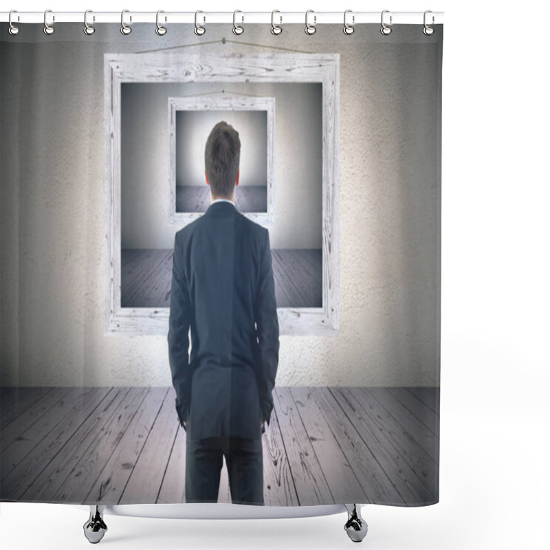 Personality  Businessman Looking At Surrealistic Optical Illusion In Wooden Picture Frame On Concrete Wall In Room With Wooden Floor. 3d Rendering Shower Curtains