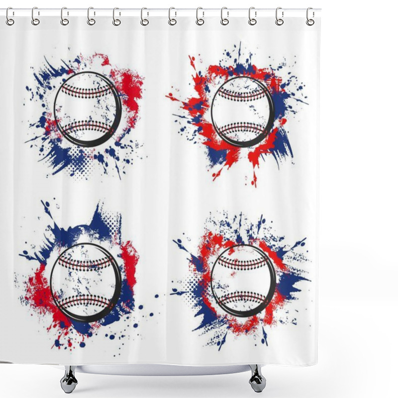 Personality  Baseball Ball Grunge Icons Of Vector Sport Game Tournament Or Team Club Design. Pitcher Baseball Balls With Laces On Blue And Red Halftone Background With Paint Splatters, Splashes And Brush Strokes Shower Curtains