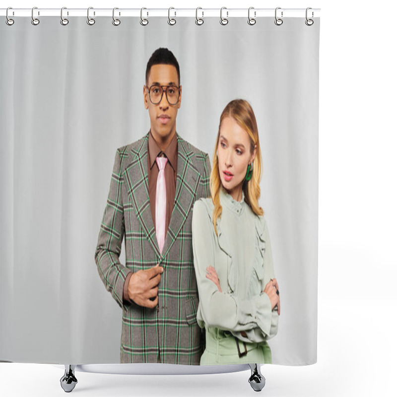 Personality  A Stylish Man And Woman In Suits Strike A Pose Against A White Backdrop. Shower Curtains