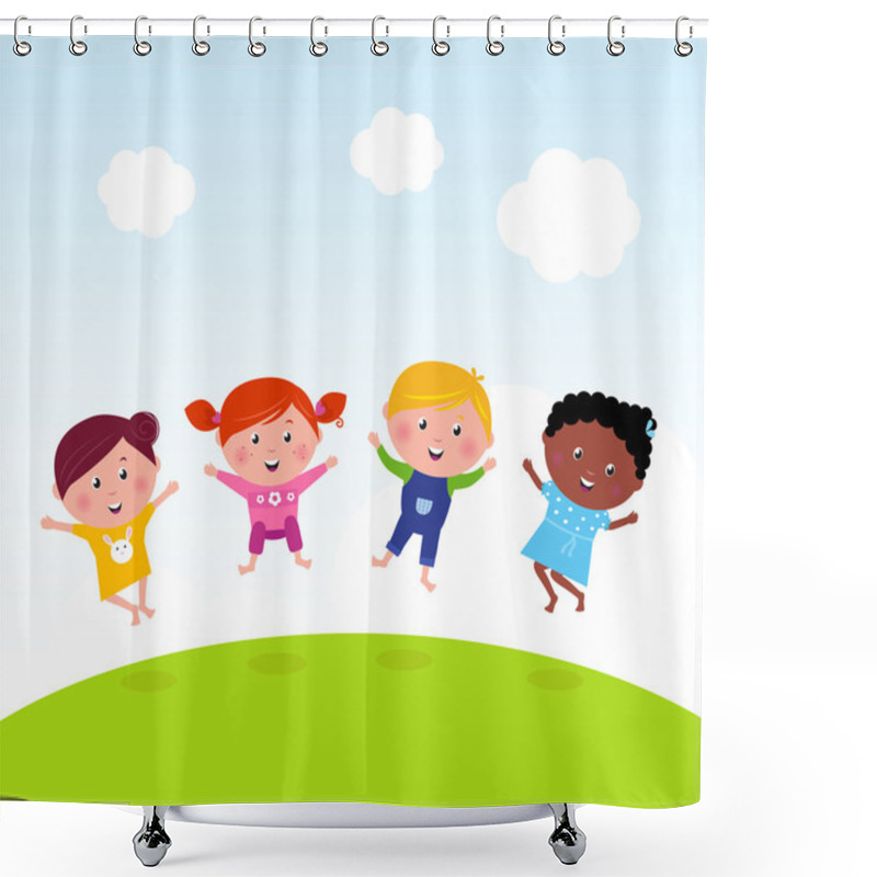 Personality  Happy Group Of Multicultural Kids Jumping On Summer Meadow Shower Curtains