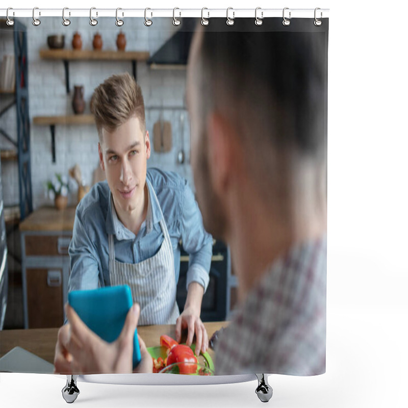 Personality  Two Men In The Kitchen At The Table Talking. Shower Curtains