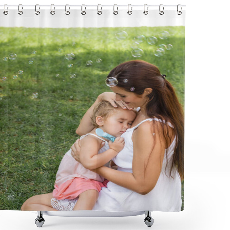 Personality  Smiling Woman Hugging Toddler Child Near Soap Bubbles In Park  Shower Curtains