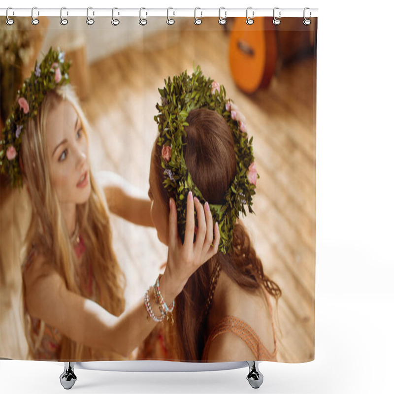 Personality  Women In Boho Style And Wreaths Shower Curtains