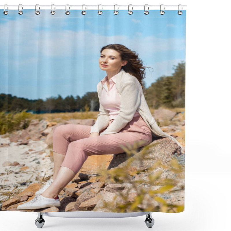 Personality  Attractive Pensive Woman Resting On Rocks On Sandy Beach Shower Curtains