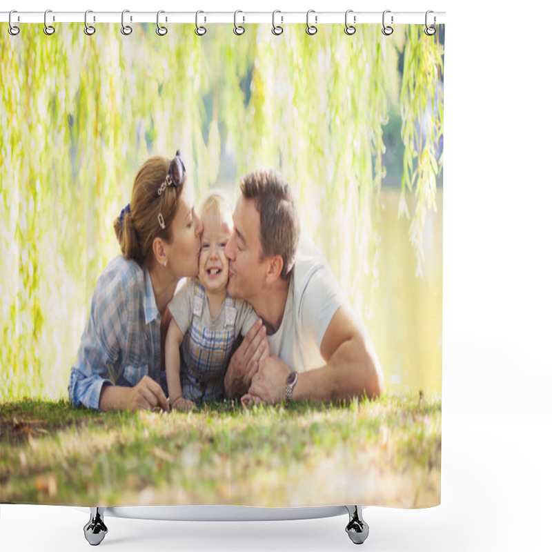 Personality  Happy Parents Kissing Toddler Boy. Father, Mother And Son Relaxing On The Lawn. Shower Curtains