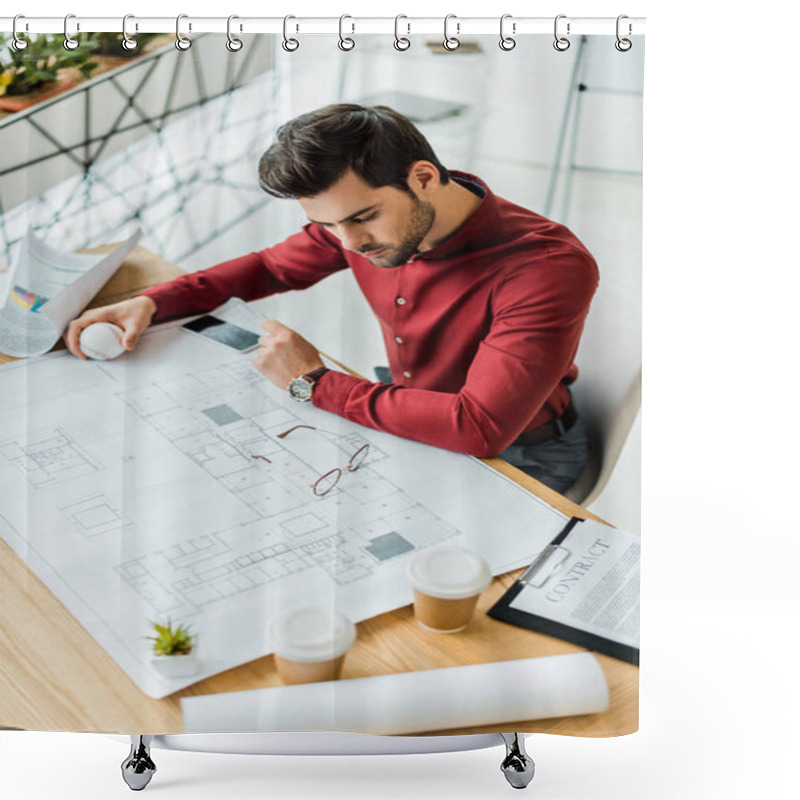 Personality  Handsome Male Architect Sitting And Working On Blueprint In Office Shower Curtains