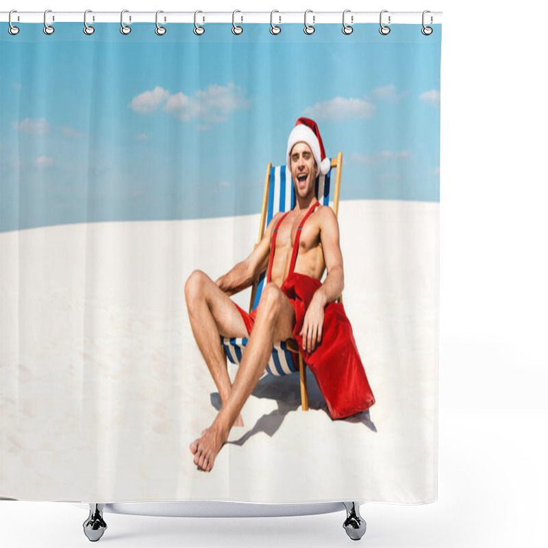 Personality  Handsome And Sexy Man In Santa Hat With Santa Sack And Sitting On Deck Chair On Beach In Maldives  Shower Curtains