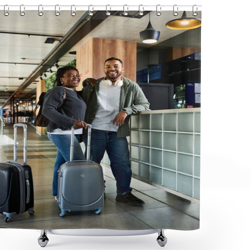 Personality  A Cheerful Young Couple Stands In A Hotel Lobby, Excitedly Preparing For Their Upcoming Vacation Adventure. Shower Curtains