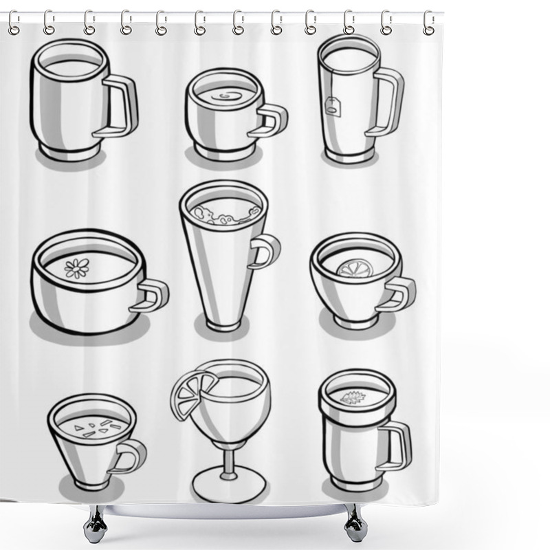 Personality  Set Of Various Cups With Tea Or Coffee. Side View. Different Ornaments. Flowers, Berries, Etc Hand Drawn Colored Trendy Illustration. Cartoon Style. Flat Design. High Quality Illustration Shower Curtains