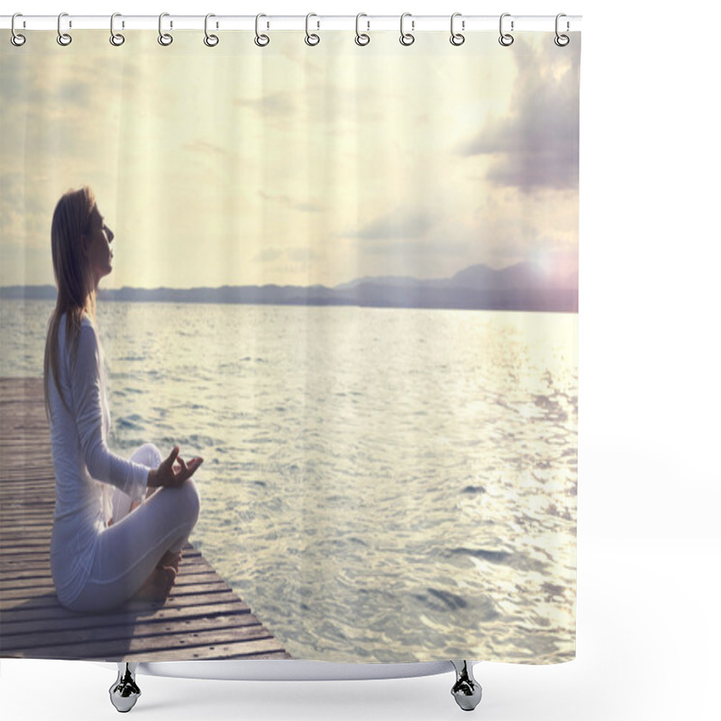 Personality  Woman Practicing Yoga On The Beach At Sunset Shower Curtains