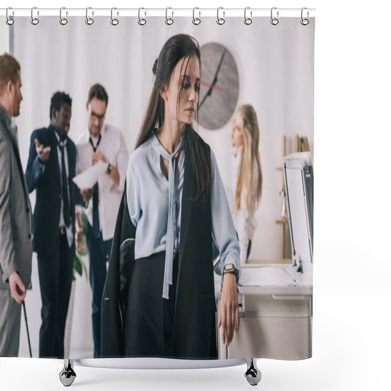 Personality  Overworked Untidy Businesswoman Standing Near Copier With Blurred Colleagues Working On Background At Office Shower Curtains