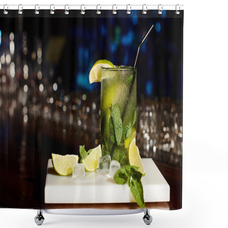 Personality  Ice Cold Elegant Mojito Cocktail Decorated With Mint And Lime On Bar Backdrop, Concept Shower Curtains