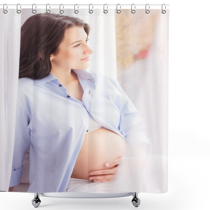 Personality  Beautiful Pregnant Woman Is Relaxing Near Window Shower Curtains