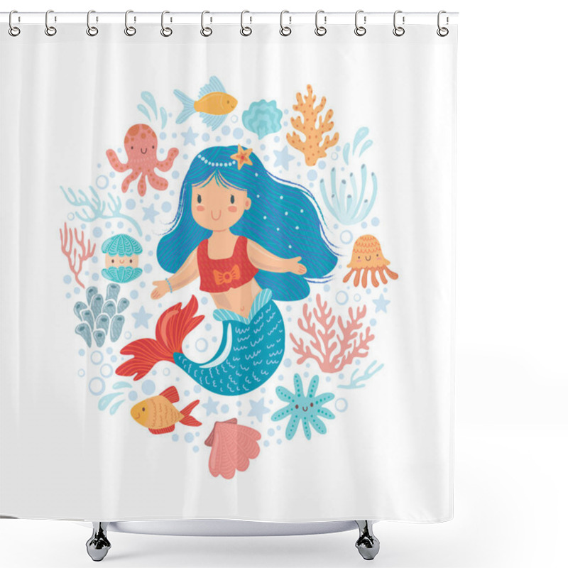 Personality  Cute Little Mermaid With Little Fish And Other Sea Inhabitants Vector Illustration. Baby Girl Mermaid Character Shower Curtains