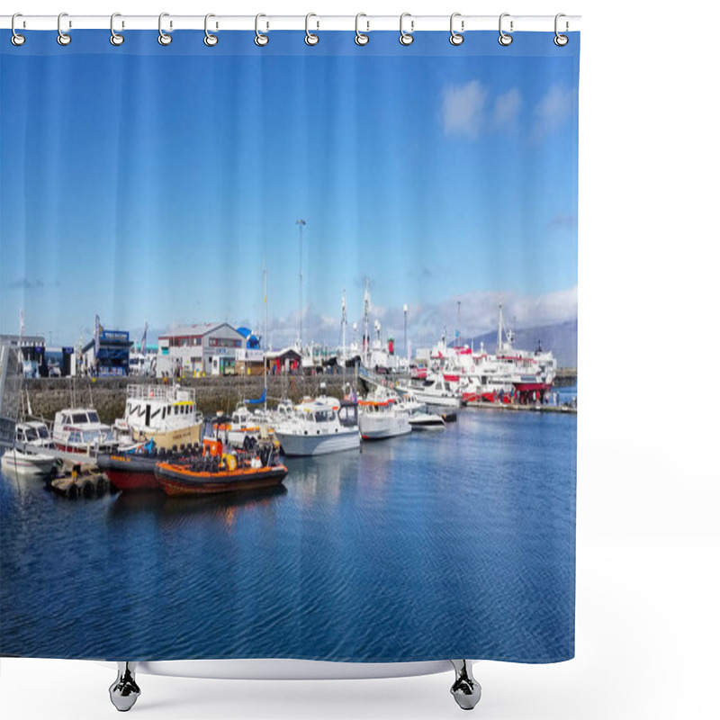 Personality  Boats In The Harbour Of Reykjavik, Iceland. Shower Curtains