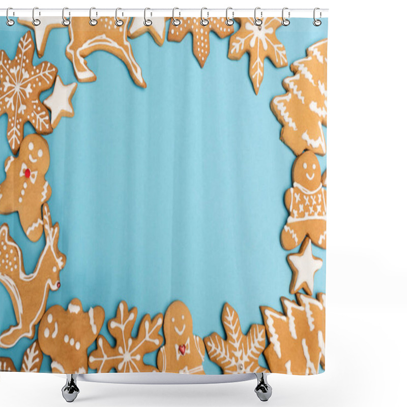 Personality  Top View Of Winter Gingerbread Cookies On Blue Background Shower Curtains