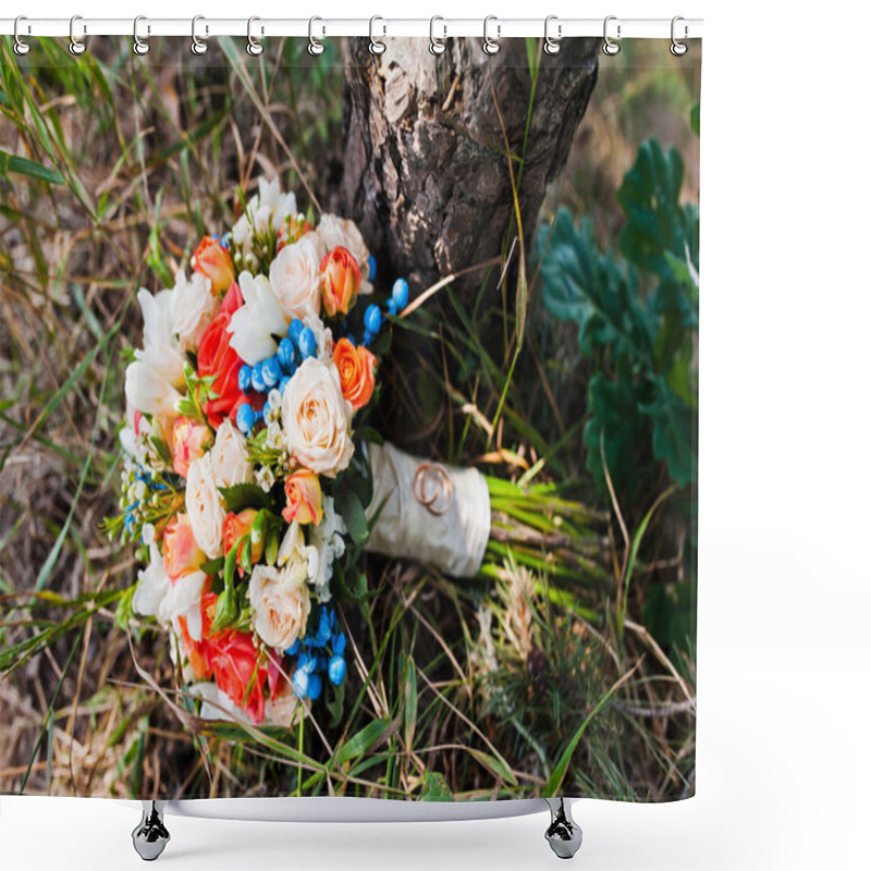 Personality  Wedding Bouquet With Rings At Pine Forest Shower Curtains