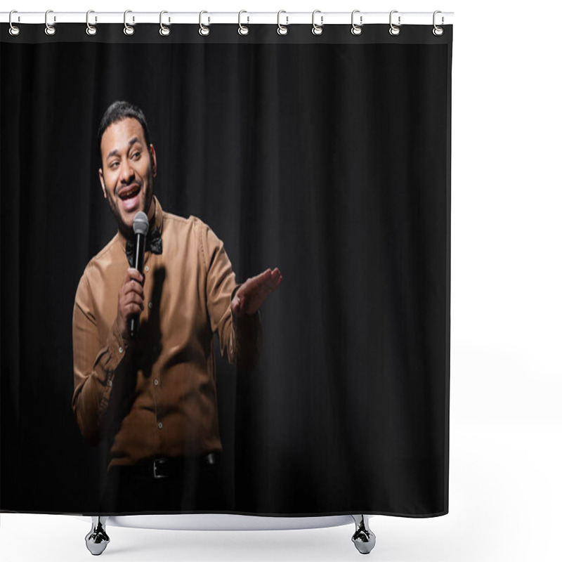 Personality  Cheerful Indian Comedian In Shirt And Bow Tie Holding Microphone During Monologue On Black  Shower Curtains