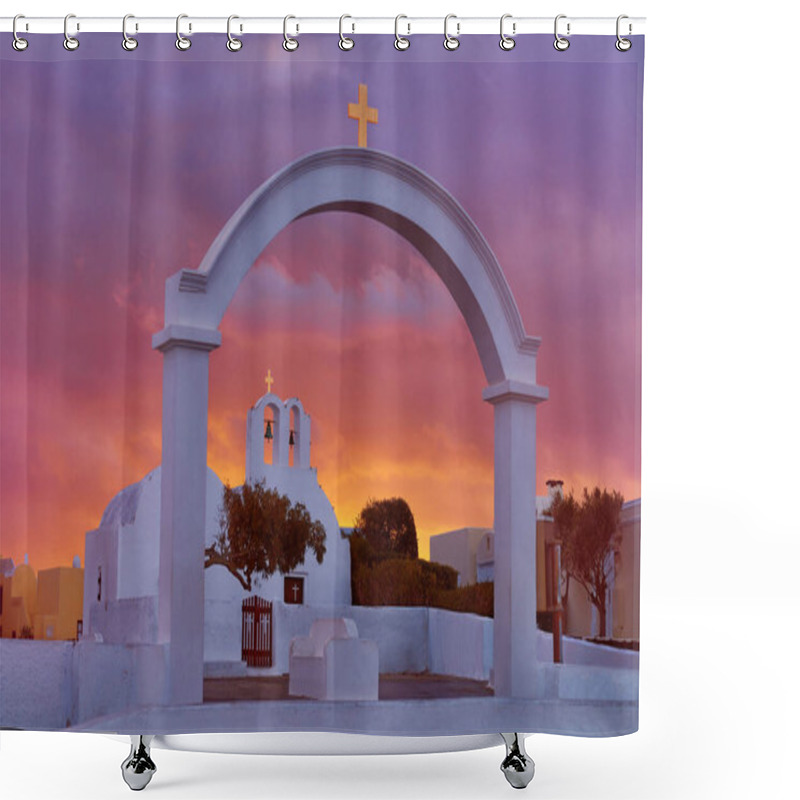 Personality  Arch, Church And Bell Towers In Oia Village, Santorini Island, Greece On A Sunrise With Dramatic Sky Shower Curtains