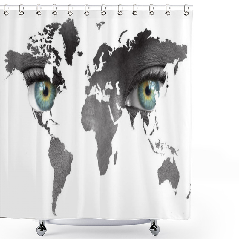 Personality  Wolrd Map With Human Eyes Isolated On White Shower Curtains