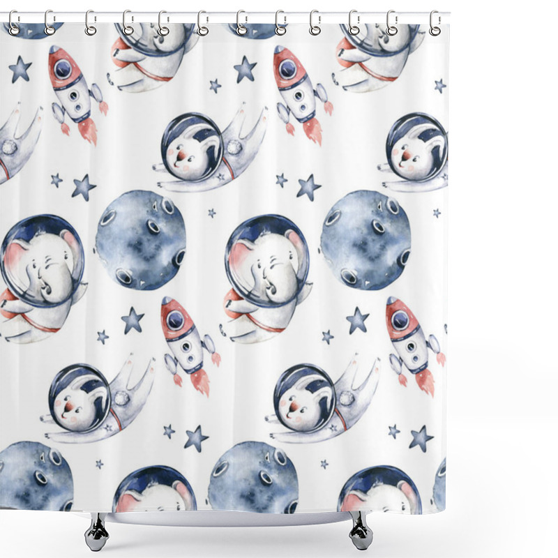 Personality  Astronaut Seamless Pattern. Universe Kids Baby Boy Girl Elephant, Fox Cat And Bunny, Space Suit, Cosmonaut Stars, Planet, Moon, Rocket And Shuttle Watercolor Space Ship Background. Shower Curtains