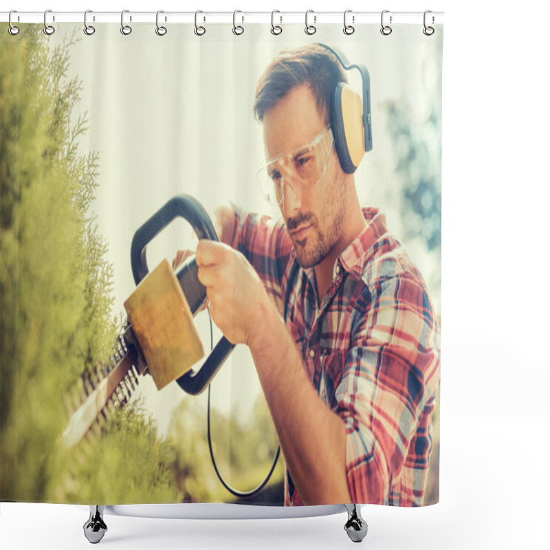 Personality  Man Trimming Hedge Shower Curtains