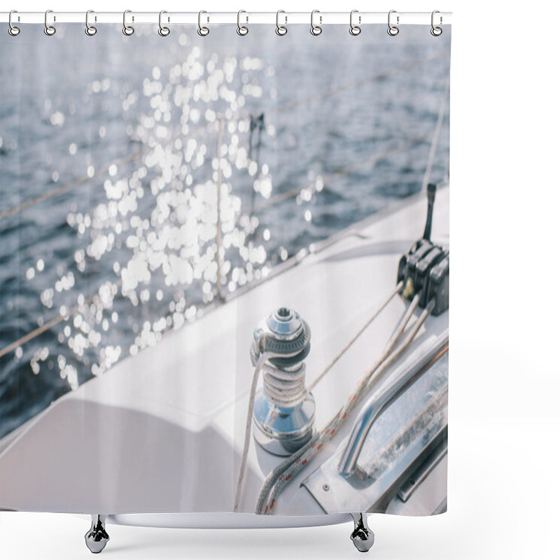 Personality  Selective Focus Of Yacht And Sun Glares On Water Surface Shower Curtains