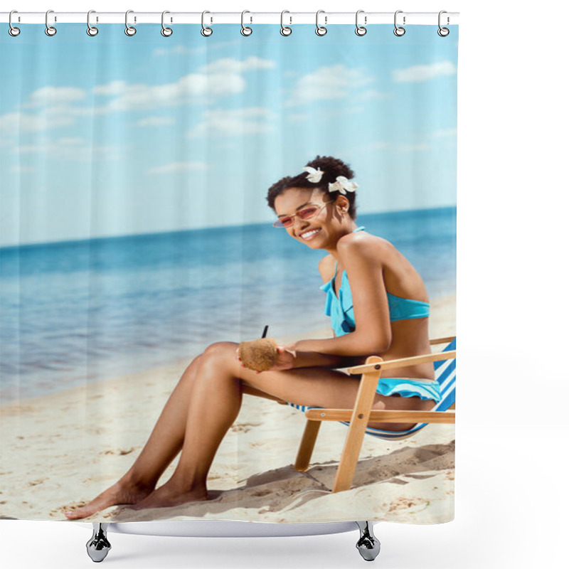 Personality  Happy African American Woman With Cocktail In Coconut Shell Sitting On Deck Chair On Sandy Beach  Shower Curtains