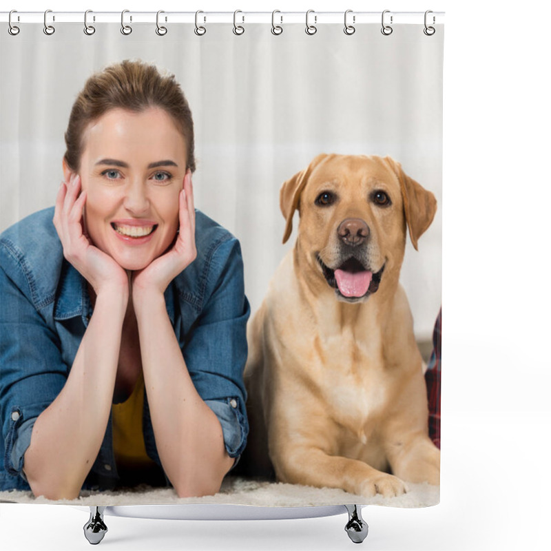 Personality  Happy Woman With Her Labrador Dog Lying On Floor At Home And Looking At Camera Shower Curtains