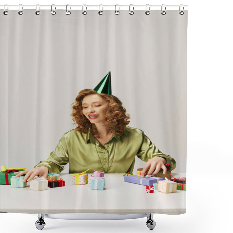 Personality  A Young Woman With Curly Hair Delights In Posing, Creating A Cheerful Atmosphere. Shower Curtains