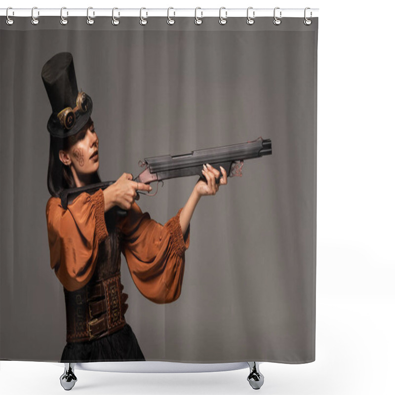 Personality  Focused Steampunk Woman In Top Hat Aiming With Gun Isolated On Grey Shower Curtains