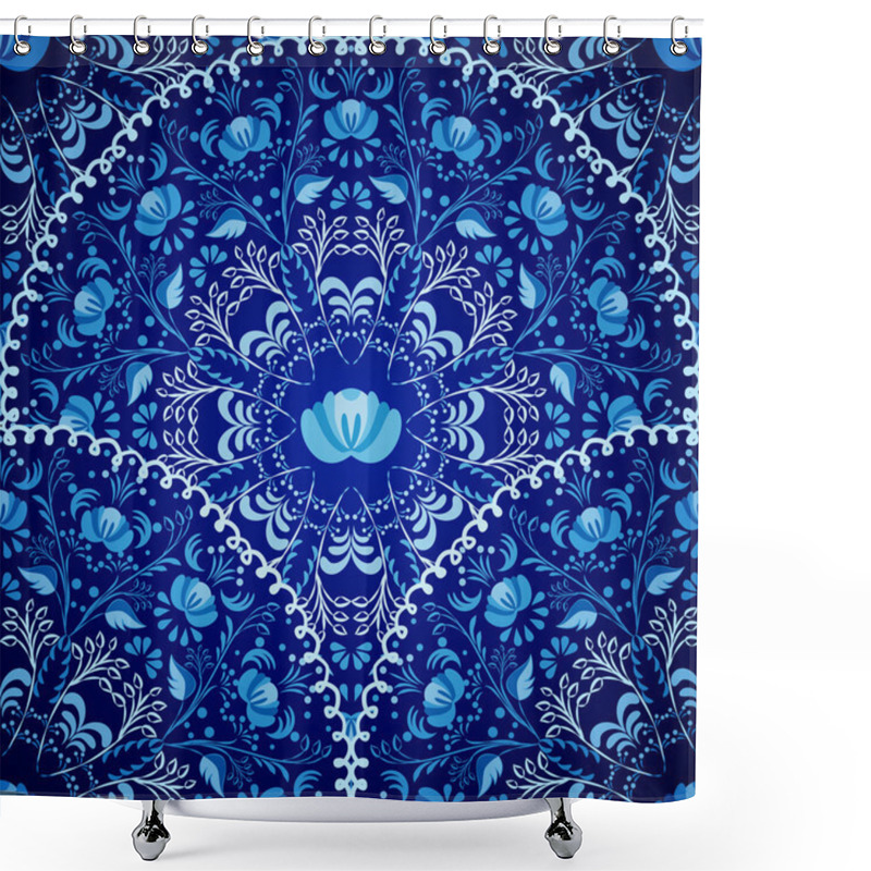 Personality  Seamless Background Of Circular Patterns. Navy Blue Ornament Russian National Style Gzhel. Shower Curtains