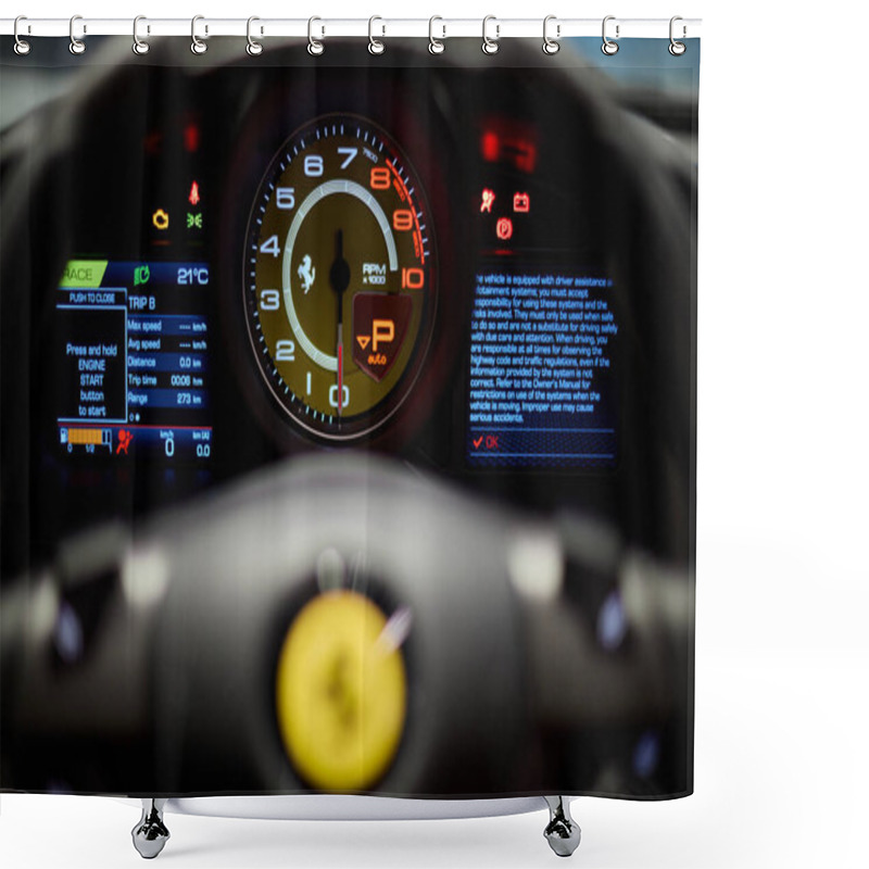 Personality  Tachometer And Out Of Focus Steering Wheel Ferrari F8 Tributo Spider. View From The Driving Position. Katowice, Poland, 29.10.2019 Shower Curtains