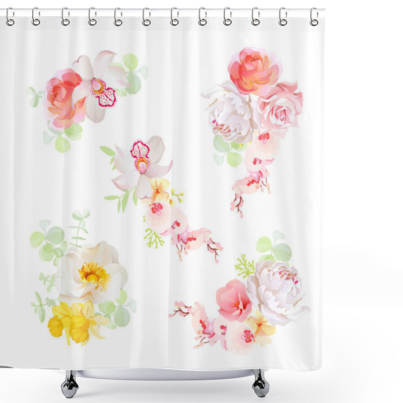 Personality  Sweet Bouquets Of Flowers Vector Design Objects. Orchid, Rose, P Shower Curtains